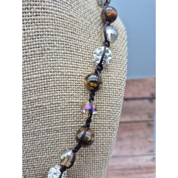 NWOT Tiger's Eye Shamballa & Faceted Crystal Boho Cord Necklace One Size Unisex - Picture 7 of 10